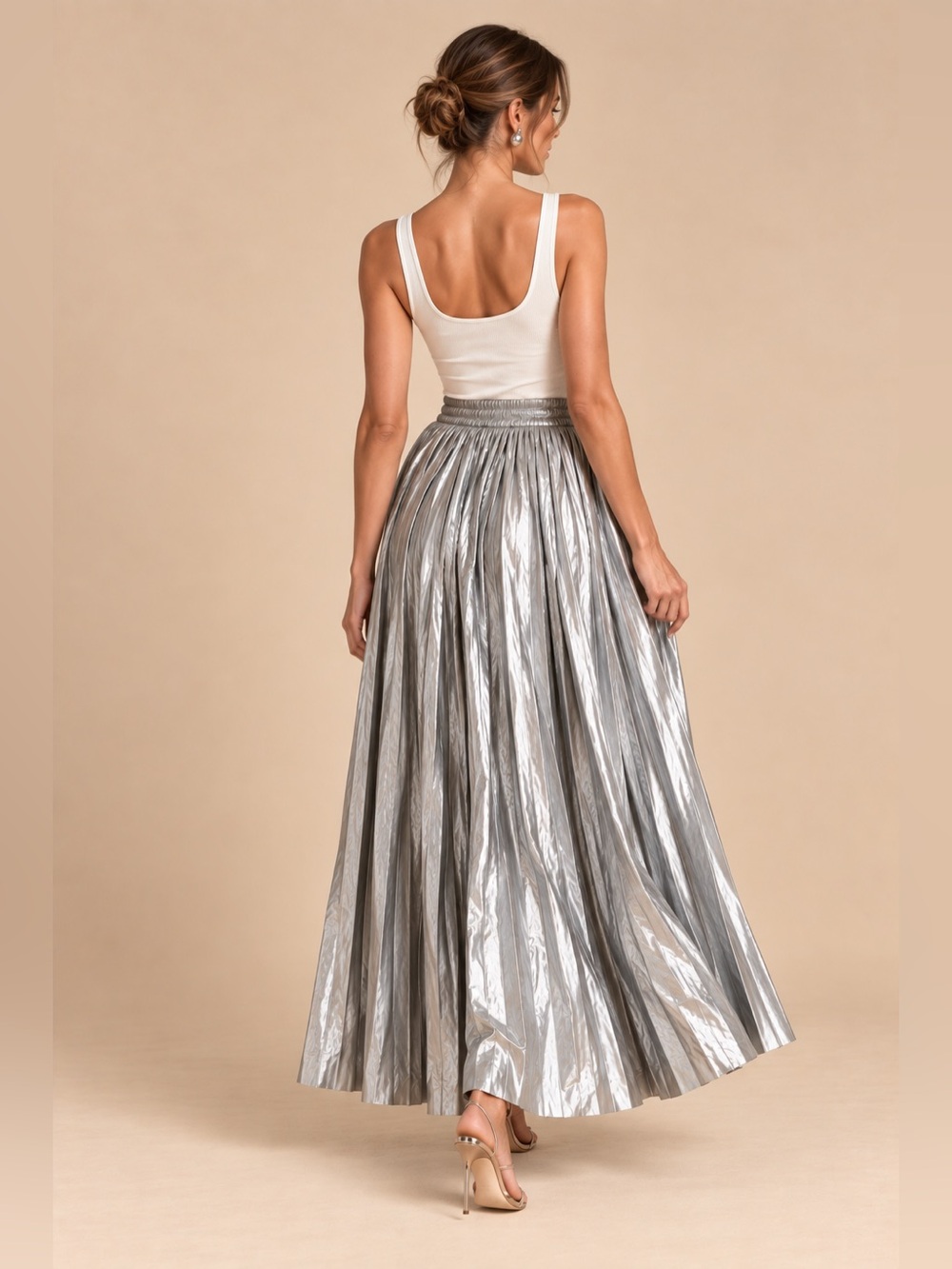 Wishlist Metallic Silver Pleated Evening Statement Pull On Flowy Maxi Skirt Glam - Picture 9 of 9